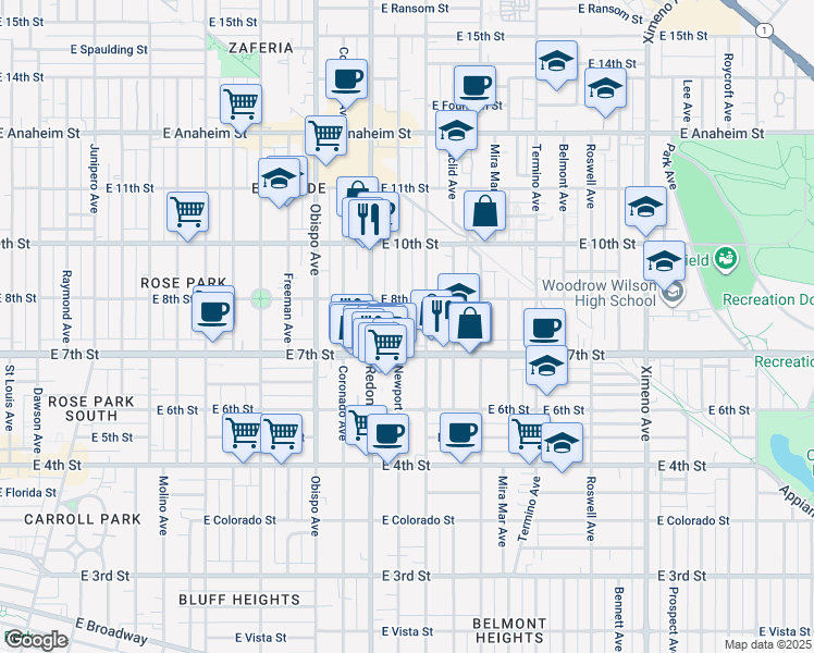 map of restaurants, bars, coffee shops, grocery stores, and more near 748 Newport Avenue in Long Beach
