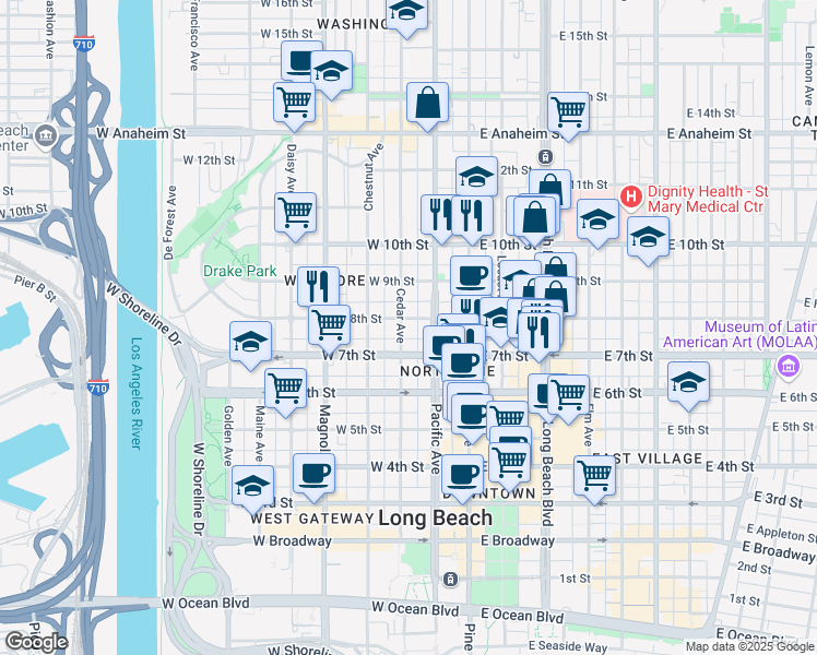 map of restaurants, bars, coffee shops, grocery stores, and more near 746 Cedar Avenue in Long Beach