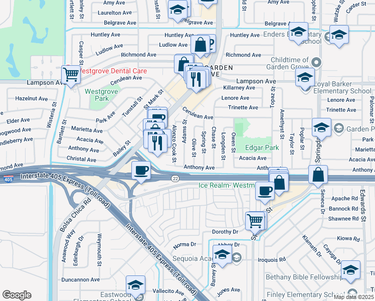 map of restaurants, bars, coffee shops, grocery stores, and more near 12772 Olive Street in Garden Grove