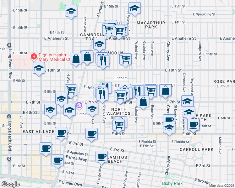 map of restaurants, bars, coffee shops, grocery stores, and more near 1336 East Hellman Street in Long Beach
