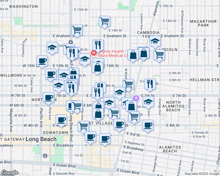 map of restaurants, bars, coffee shops, grocery stores, and more near 746 Lime Avenue in Long Beach