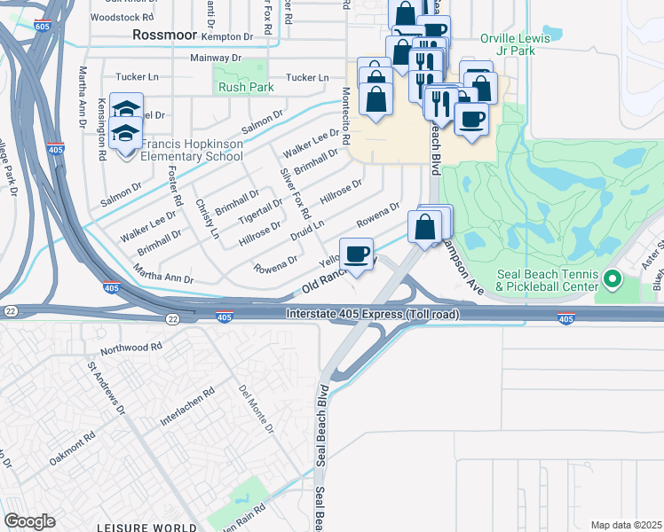 map of restaurants, bars, coffee shops, grocery stores, and more near 3162 Yellowtail Drive in Los Alamitos
