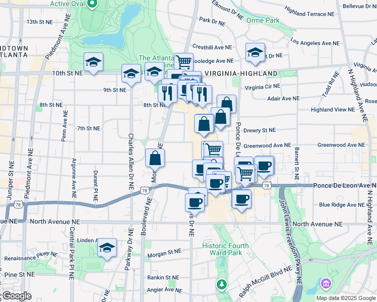 map of restaurants, bars, coffee shops, grocery stores, and more near 790 Lakeview Avenue Northeast in Atlanta