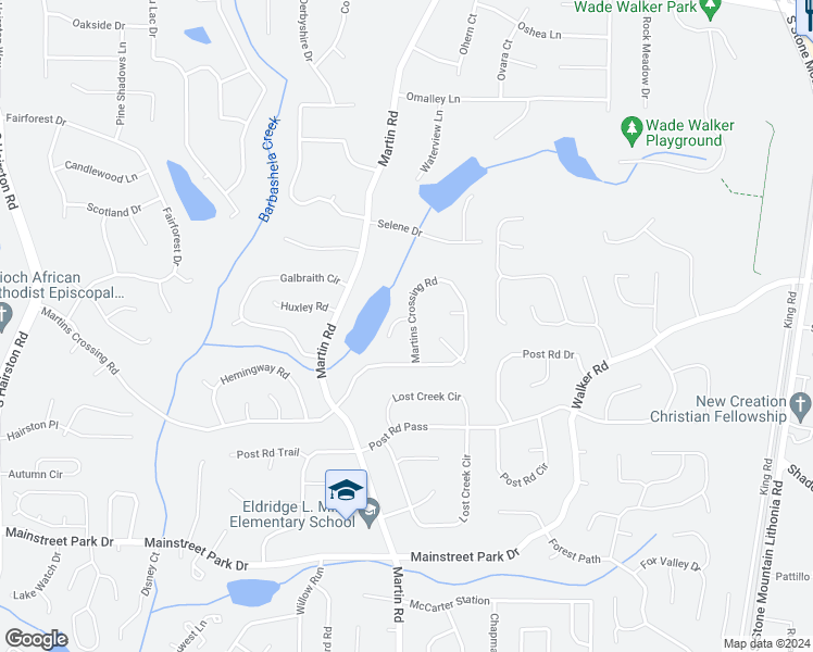map of restaurants, bars, coffee shops, grocery stores, and more near 5457 Martins Crossing Road in Stone Mountain