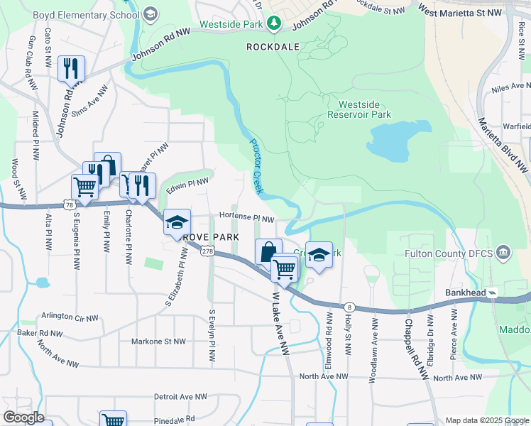 map of restaurants, bars, coffee shops, grocery stores, and more near 1705 Hortense Place Northwest in Atlanta