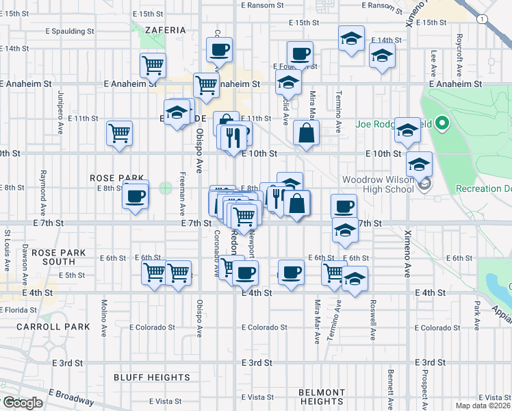 map of restaurants, bars, coffee shops, grocery stores, and more near 748 Newport Avenue in Long Beach