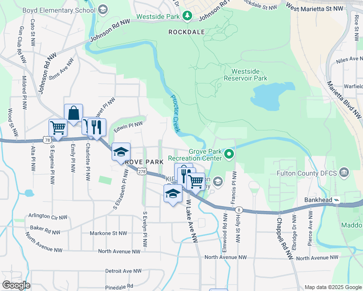 map of restaurants, bars, coffee shops, grocery stores, and more near 1721 Hortense Place Northwest in Atlanta