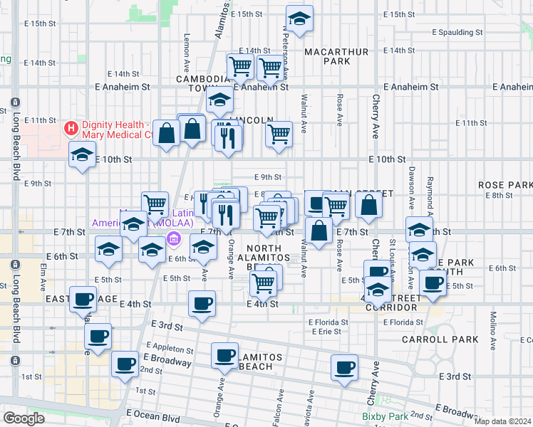 map of restaurants, bars, coffee shops, grocery stores, and more near 1324 East Hellman Street in Long Beach