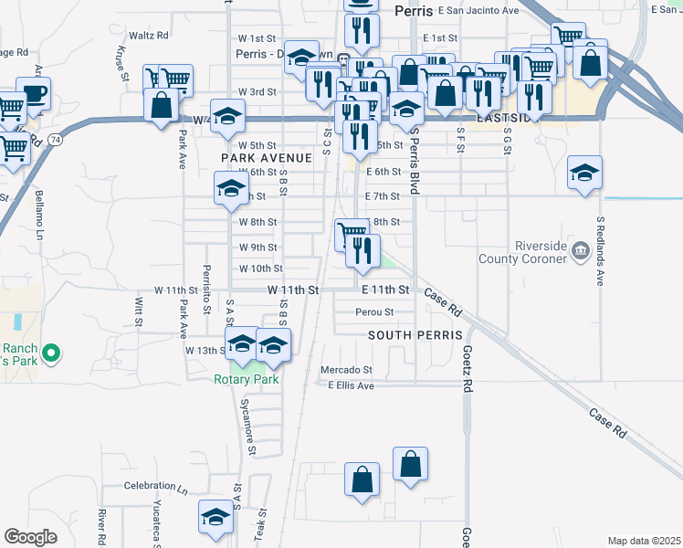 map of restaurants, bars, coffee shops, grocery stores, and more near 904 South D Street in Perris