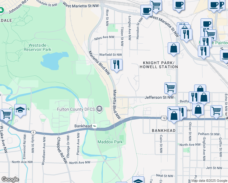 map of restaurants, bars, coffee shops, grocery stores, and more near 895 Marietta Boulevard Northwest in Atlanta