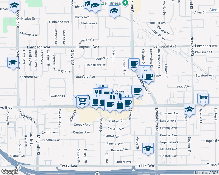 map of restaurants, bars, coffee shops, grocery stores, and more near 9802 Stanford Avenue in Garden Grove
