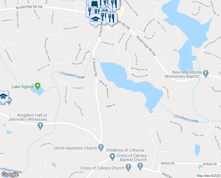 map of restaurants, bars, coffee shops, grocery stores, and more near 7045 Shore Road in Lithonia
