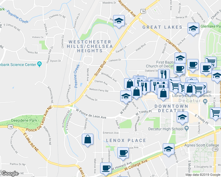 map of restaurants, bars, coffee shops, grocery stores, and more near 118 Clarion Avenue in Decatur