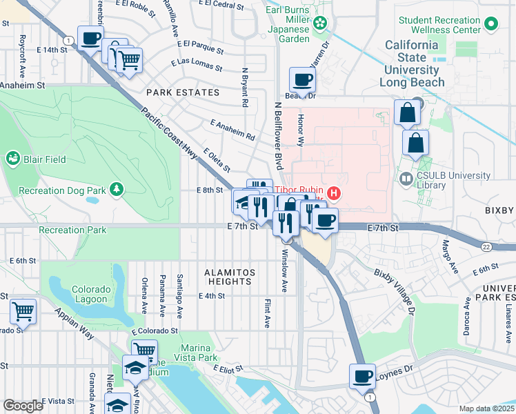 map of restaurants, bars, coffee shops, grocery stores, and more near 5585 East Pacific Coast Highway in Long Beach