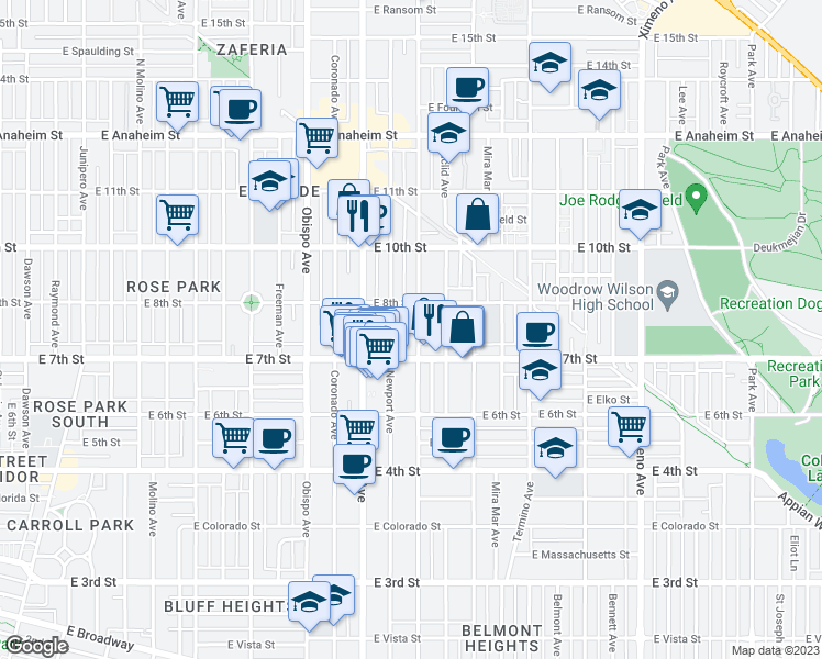 map of restaurants, bars, coffee shops, grocery stores, and more near 747 Loma Avenue in Long Beach