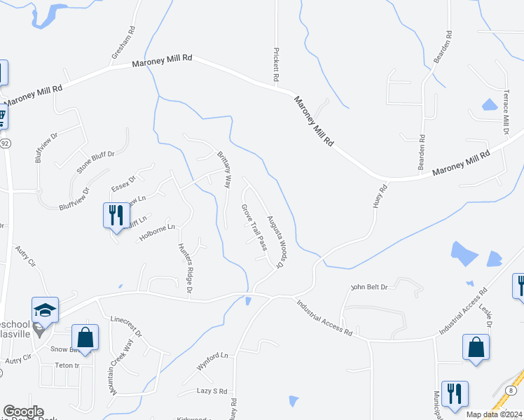 map of restaurants, bars, coffee shops, grocery stores, and more near 1045 Augusta Woods Drive in Douglasville