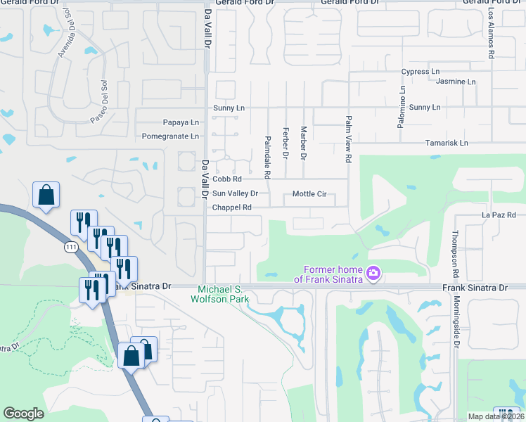 map of restaurants, bars, coffee shops, grocery stores, and more near 70181 Chappel Road in Rancho Mirage