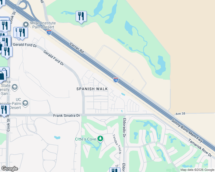 map of restaurants, bars, coffee shops, grocery stores, and more near 244 Paseo Bravo in Palm Desert
