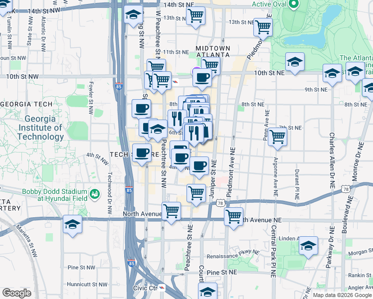 map of restaurants, bars, coffee shops, grocery stores, and more near 70 6th Street Northeast in Atlanta