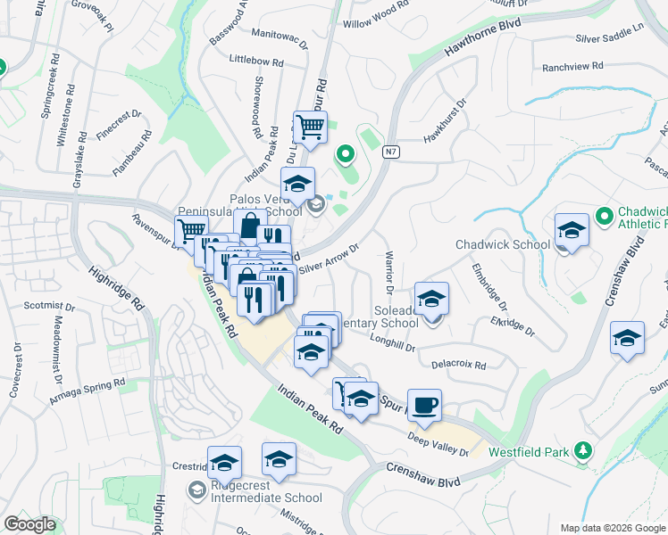map of restaurants, bars, coffee shops, grocery stores, and more near 5148 Silver Arrow Drive in Rancho Palos Verdes