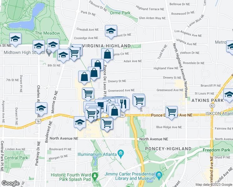 map of restaurants, bars, coffee shops, grocery stores, and more near 788 Greenwood Avenue Northeast in Atlanta