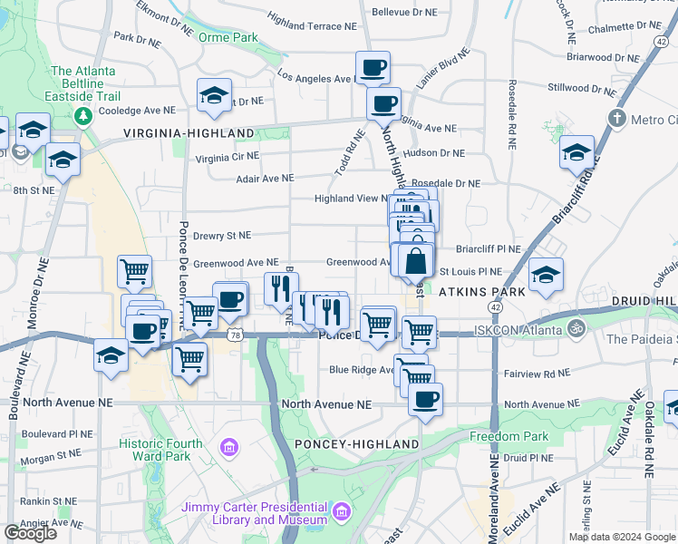 map of restaurants, bars, coffee shops, grocery stores, and more near 943 Greenwood Avenue Northeast in Atlanta