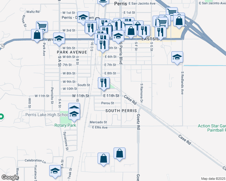 map of restaurants, bars, coffee shops, grocery stores, and more near 190 East 9th Street in Perris