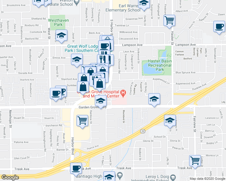 map of restaurants, bars, coffee shops, grocery stores, and more near in Garden Grove
