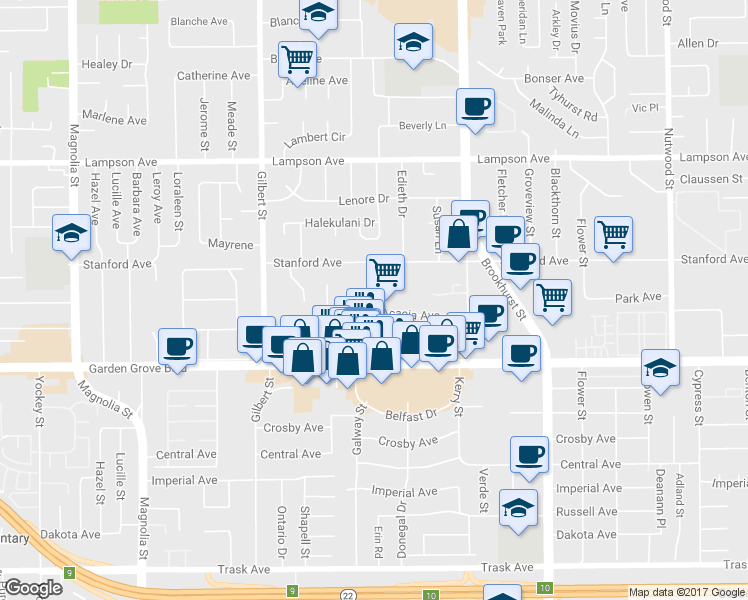 map of restaurants, bars, coffee shops, grocery stores, and more near 9722 Stanford Avenue in Garden Grove