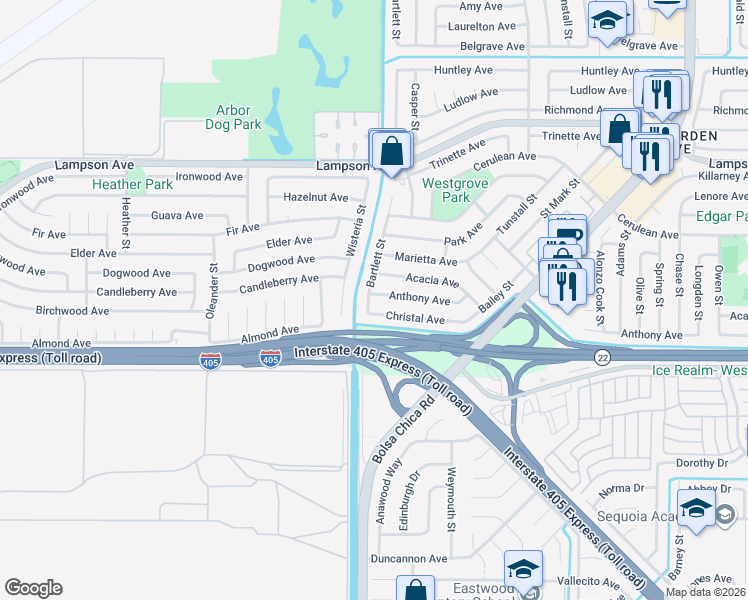 map of restaurants, bars, coffee shops, grocery stores, and more near 12771 Bartlett Street in Garden Grove