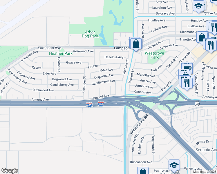 map of restaurants, bars, coffee shops, grocery stores, and more near 4801 Candleberry Avenue in Seal Beach