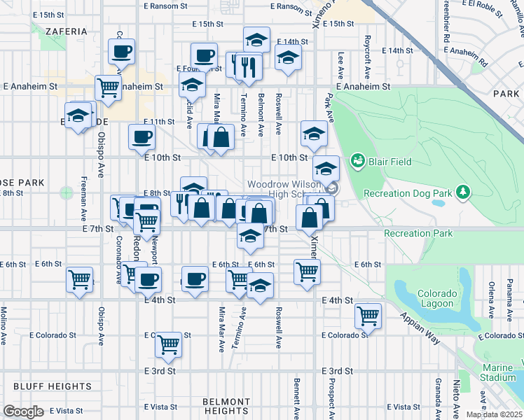 map of restaurants, bars, coffee shops, grocery stores, and more near 4108 East 8th Street in Long Beach