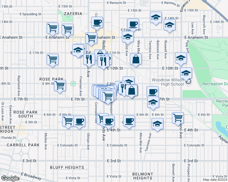 map of restaurants, bars, coffee shops, grocery stores, and more near 795 Loma Avenue in Long Beach