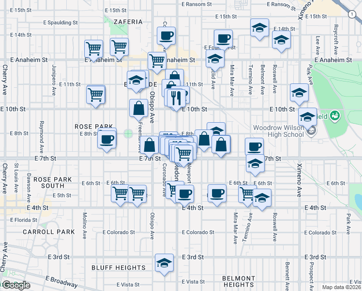 map of restaurants, bars, coffee shops, grocery stores, and more near 790 Redondo Avenue in Long Beach