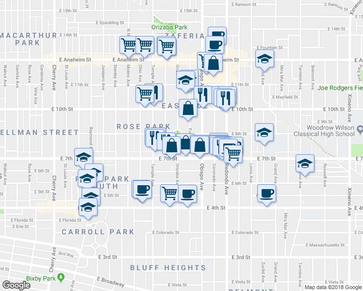 map of restaurants, bars, coffee shops, grocery stores, and more near 790 Orizaba Avenue in Long Beach