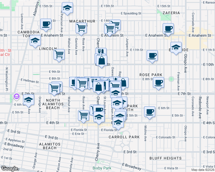 map of restaurants, bars, coffee shops, grocery stores, and more near 2082 East 8th Street in Long Beach