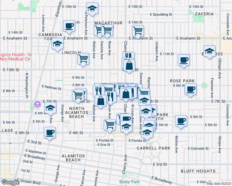 map of restaurants, bars, coffee shops, grocery stores, and more near 790 Gardenia Avenue in Long Beach