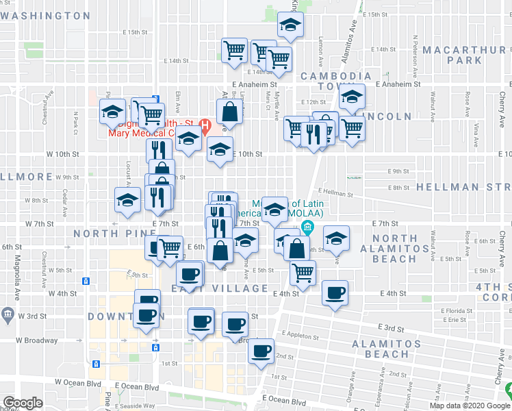 map of restaurants, bars, coffee shops, grocery stores, and more near 820 Lime Avenue in Long Beach