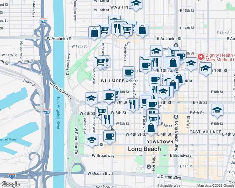 map of restaurants, bars, coffee shops, grocery stores, and more near 429 West 8th Street in Long Beach