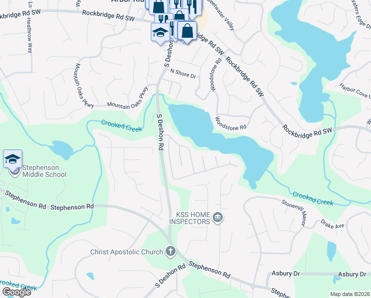 map of restaurants, bars, coffee shops, grocery stores, and more near 7045 Shore Road in Lithonia