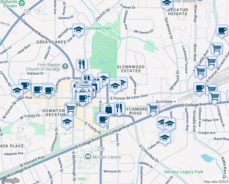 map of restaurants, bars, coffee shops, grocery stores, and more near 140 Ponce De Leon Court in Decatur