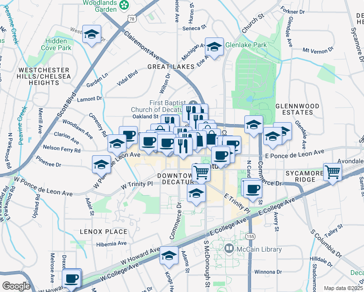 map of restaurants, bars, coffee shops, grocery stores, and more near 201 West Ponce de Leon Avenue in Decatur