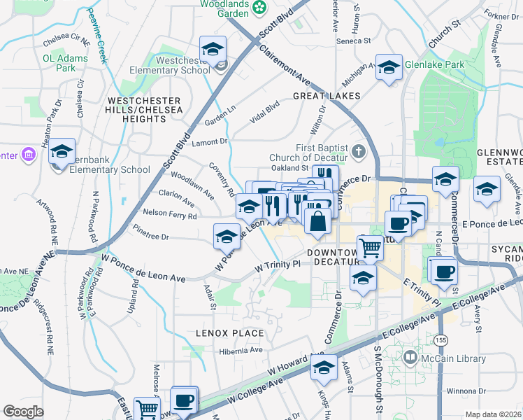 map of restaurants, bars, coffee shops, grocery stores, and more near 117 Northern Avenue in Decatur