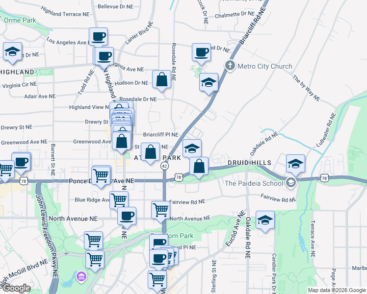 map of restaurants, bars, coffee shops, grocery stores, and more near in Atlanta