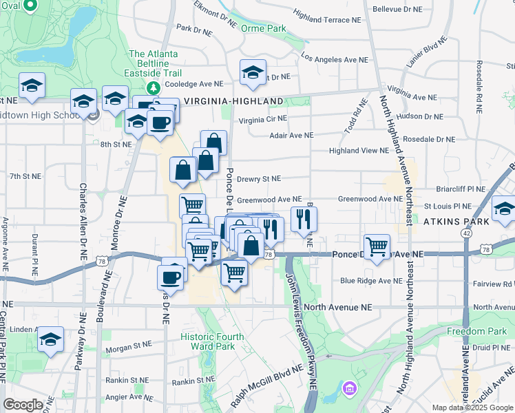 map of restaurants, bars, coffee shops, grocery stores, and more near 788 Greenwood Avenue Northeast in Atlanta