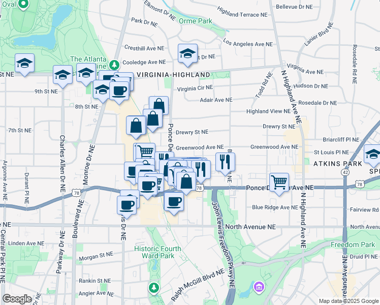 map of restaurants, bars, coffee shops, grocery stores, and more near 788 Greenwood Avenue Northeast in Atlanta