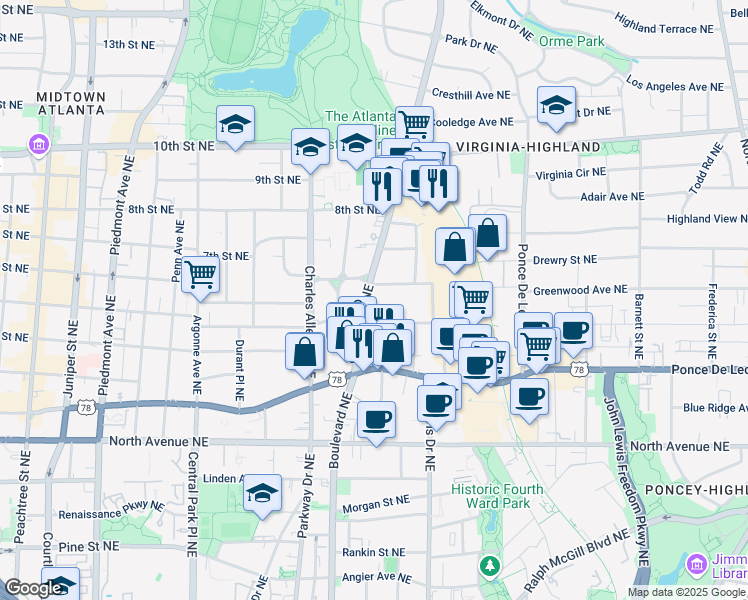 map of restaurants, bars, coffee shops, grocery stores, and more near 799 Monroe Drive Northeast in Atlanta