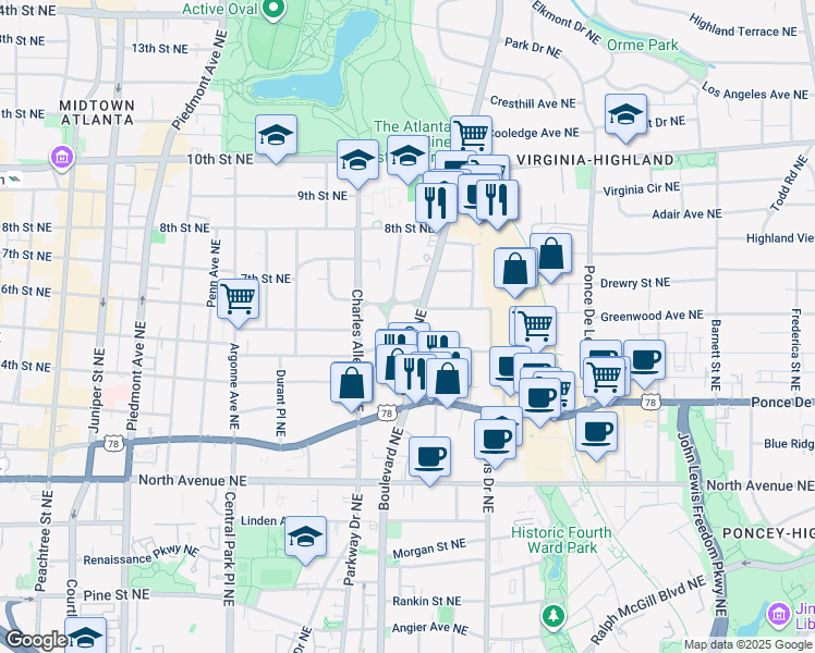 map of restaurants, bars, coffee shops, grocery stores, and more near in Atlanta
