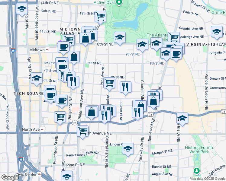 map of restaurants, bars, coffee shops, grocery stores, and more near 822 Glendale Terrace Northeast in Atlanta