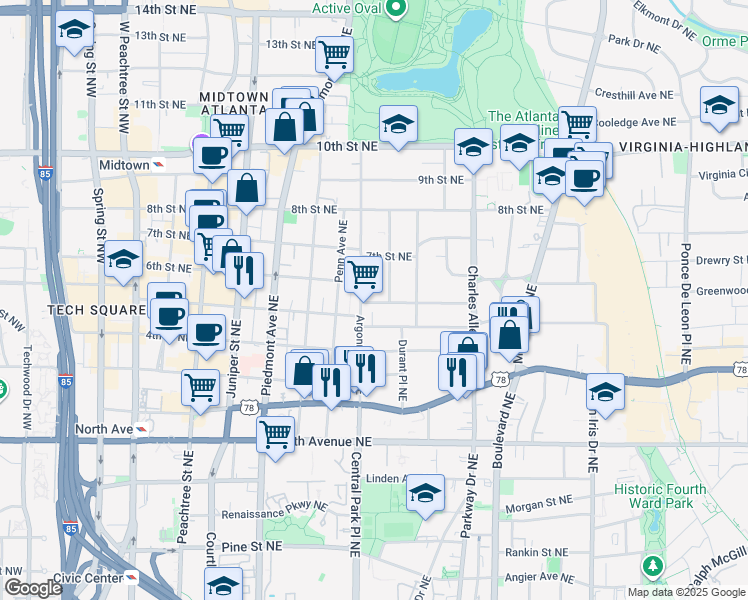 map of restaurants, bars, coffee shops, grocery stores, and more near 822 Glendale Terrace Northeast in Atlanta